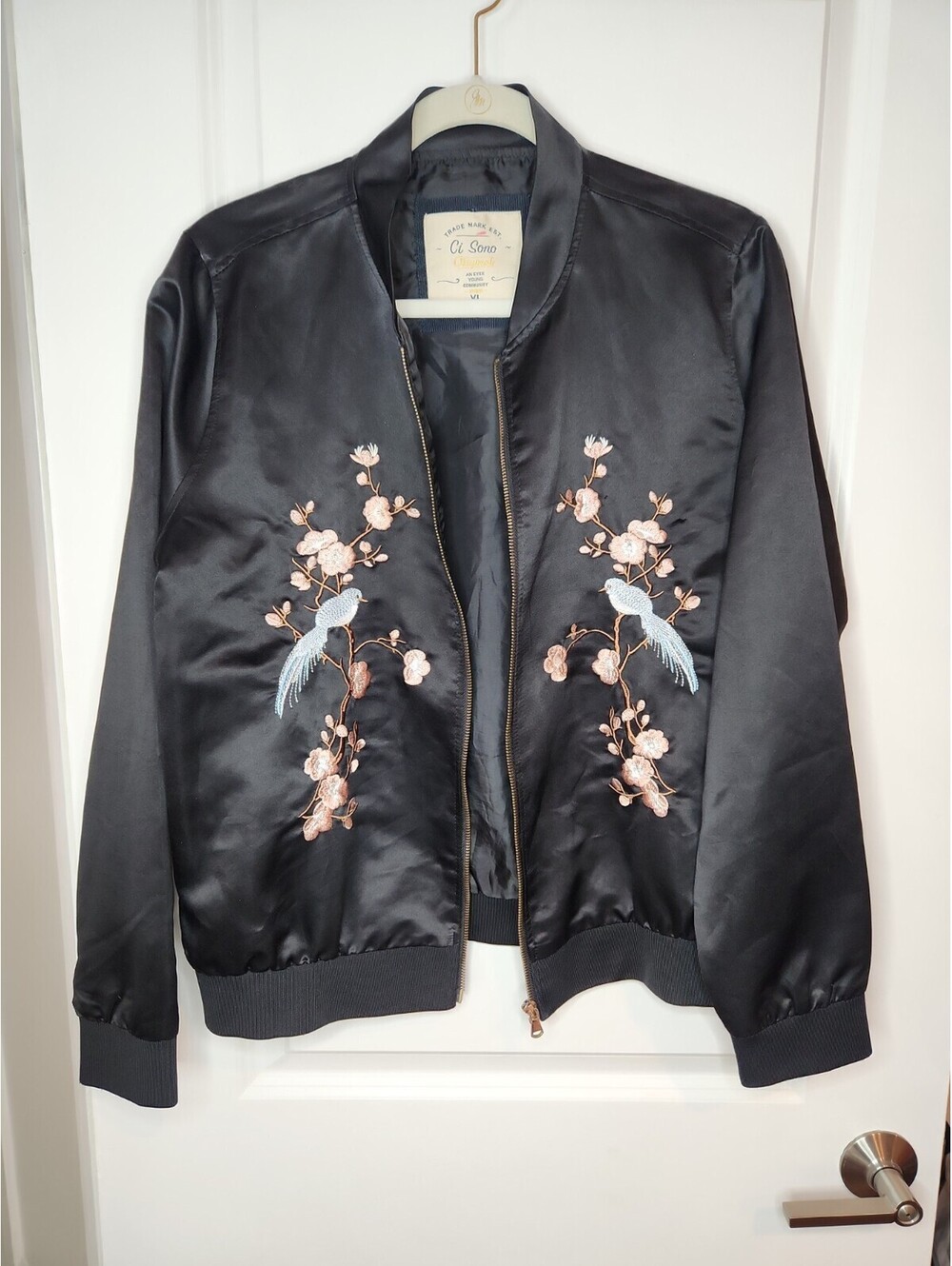 Ci Sono Originals Jacket Women's Sz XL Bomber Embroidered Black Birds Floral